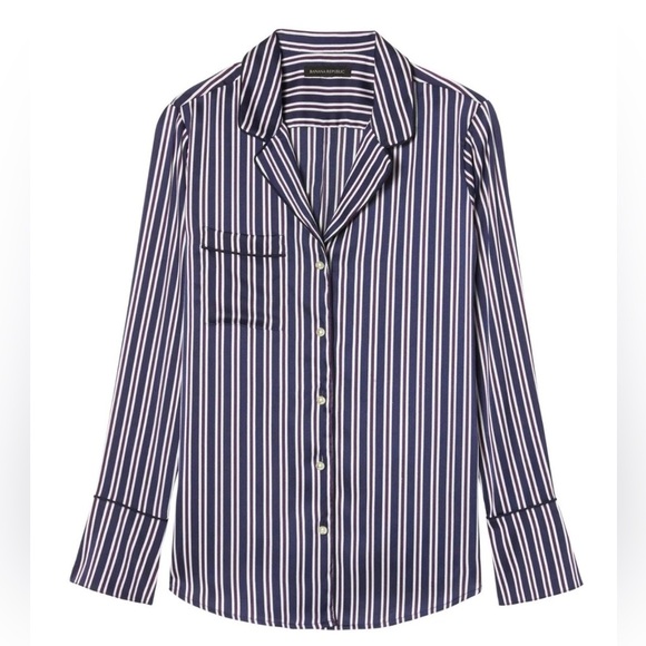 Banana Republic Navy Striped Button Down Pajama-Style Shirt Blouse- Small - Picture 2 of 11